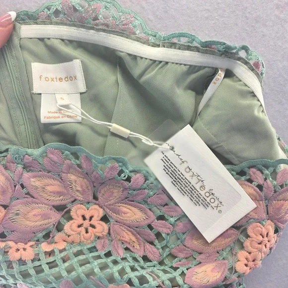 Foxiedox S Strapless Floral Lace Midi Dress Green Pink Scalloped Wedding Guest - Picture 7 of 7